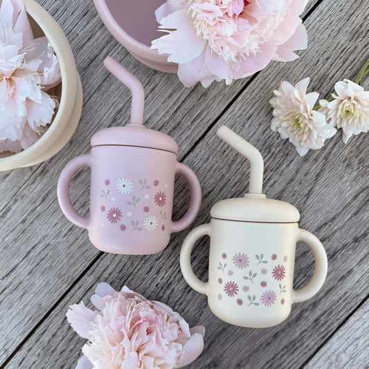 Mugg med sugrör silikon pale mauve flowers
