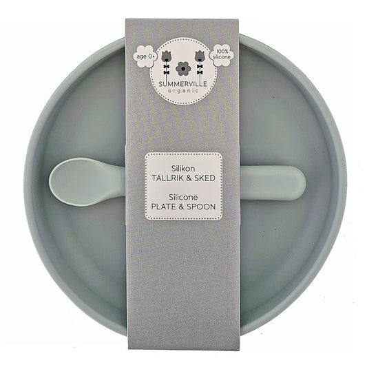 Tallrik och sked silikon silver grey