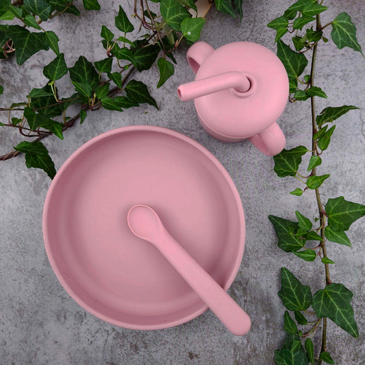 Tallrik och sked silikon dusty rose