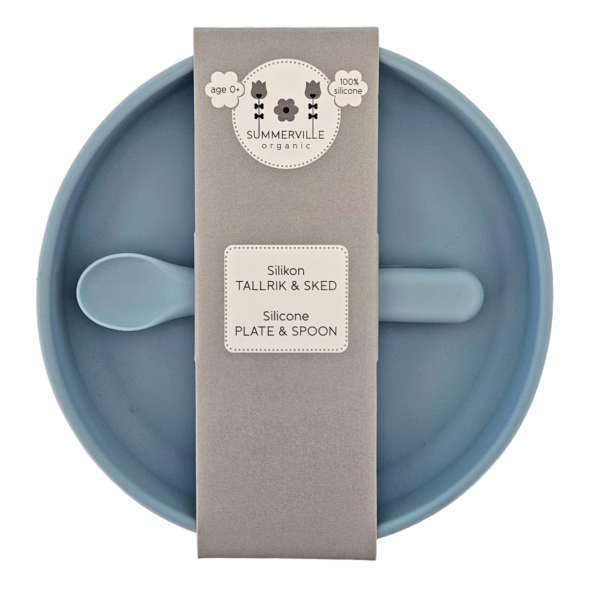 Tallrik och sked silikon stone blue