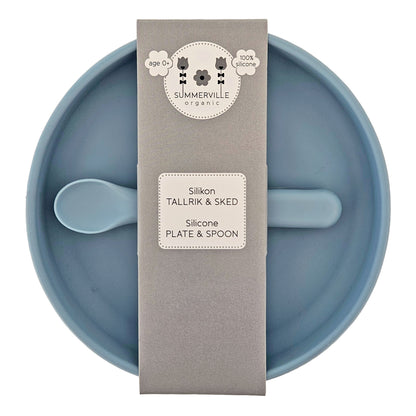 Tallrik och sked silikon stone blue