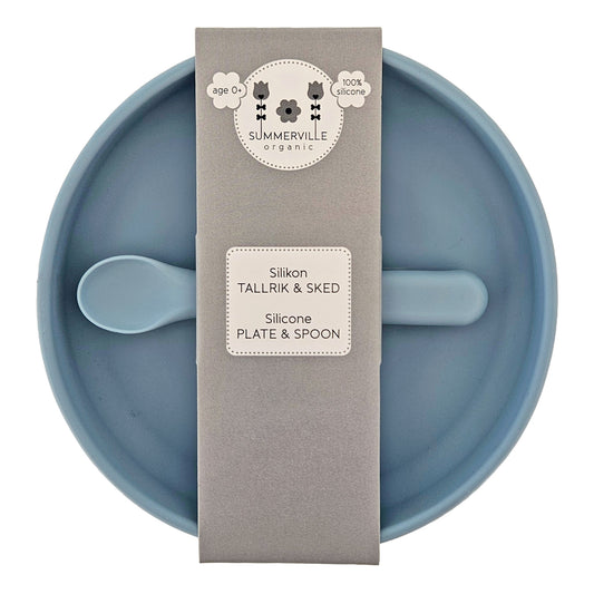 Tallrik och sked silikon stone blue